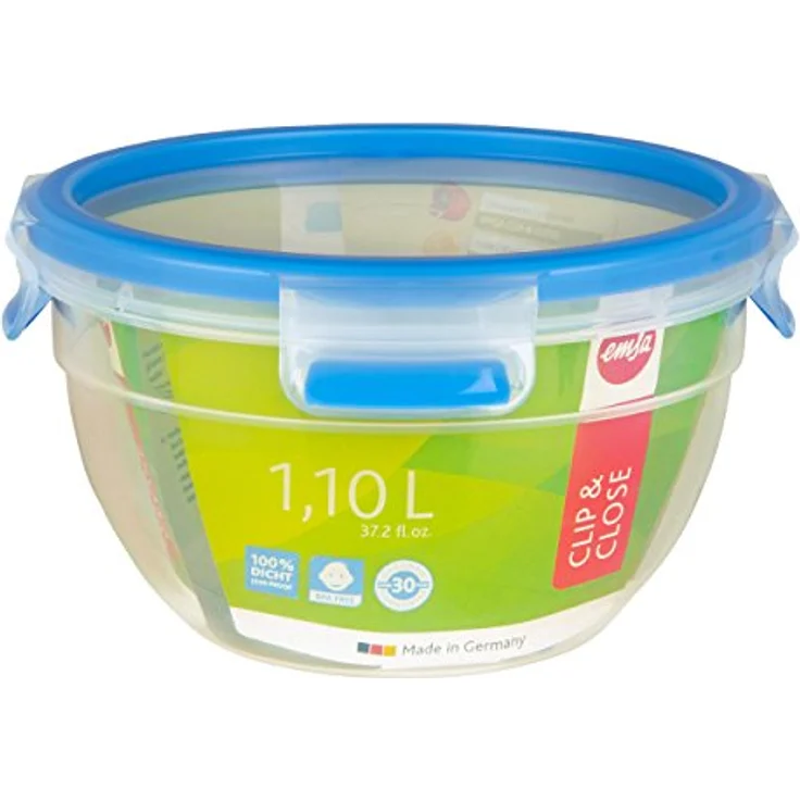 Emsa 518096 Runde Frischhaltedose mit Deckel, 1,1 Liter, Transparent-Blau, Clip & Close – Bild 2