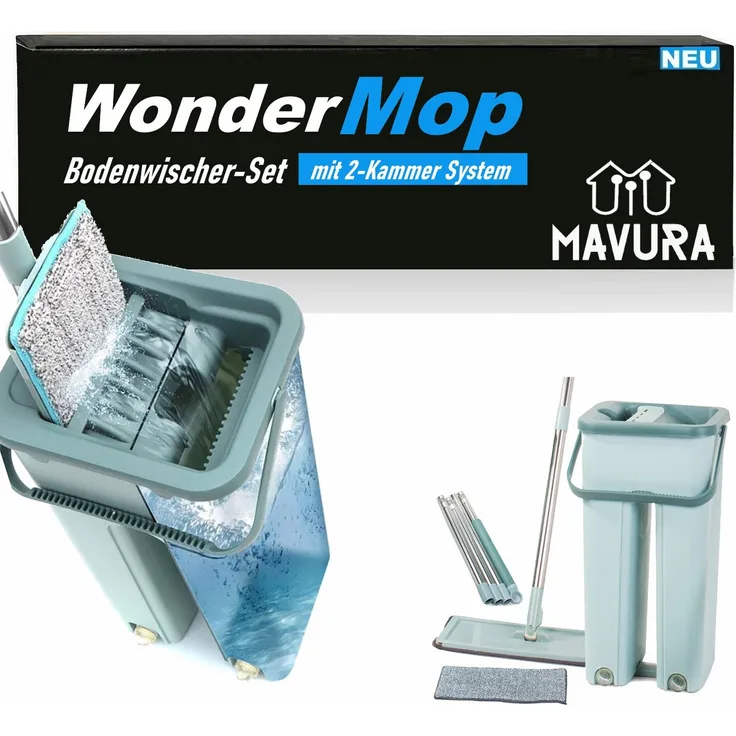 MAVURA WonderMop Profi Bodenwischer Set - Effektive Reinigung von Böden und Oberflächen, 2-Kammer Auswringfunktion - Blau