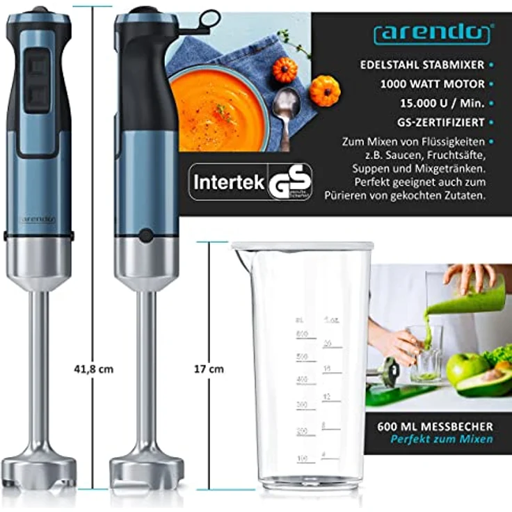 Arendo Stabmixer 1000 Watt Edelstahl Set - vierflügeliges Messer - Pürierstab - stufenlose Geschwindigkeitsregelung - Turbotaste - Abnehmbarer Mixfuß - GS-Zertifiziert - Blau – Bild 3