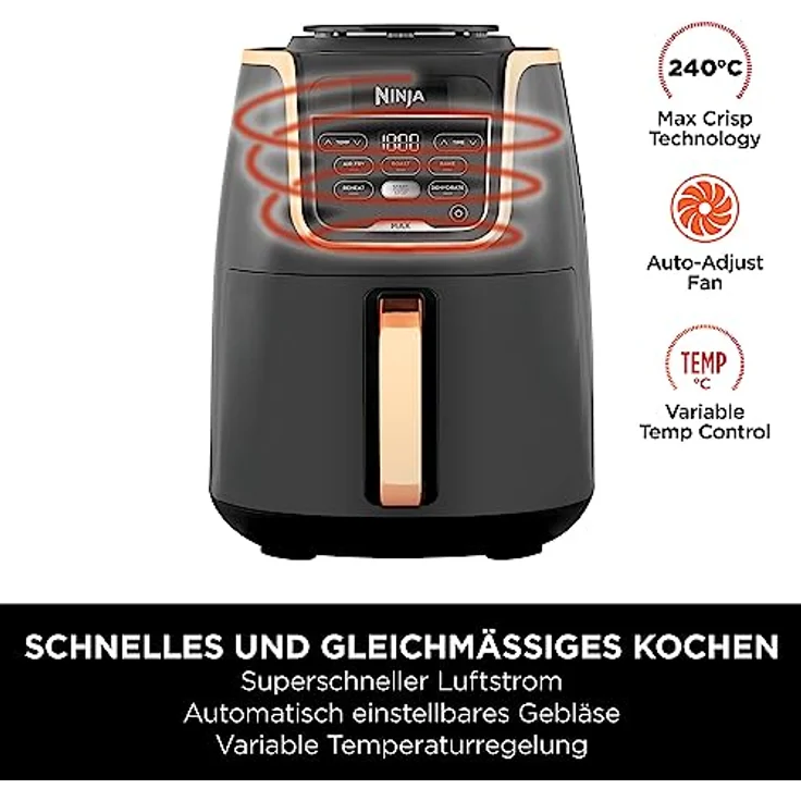 Ninja Air MAX Heißluftfritteuse, Airfryer, 5,2L, Familiengröße, antihaftbeschichteter, spülmaschinenfester Korb, Silikonzange, 5-in-1, Amazon Exklusiv, Kupfer/Schwarz, AF150EUCP – Bild 4