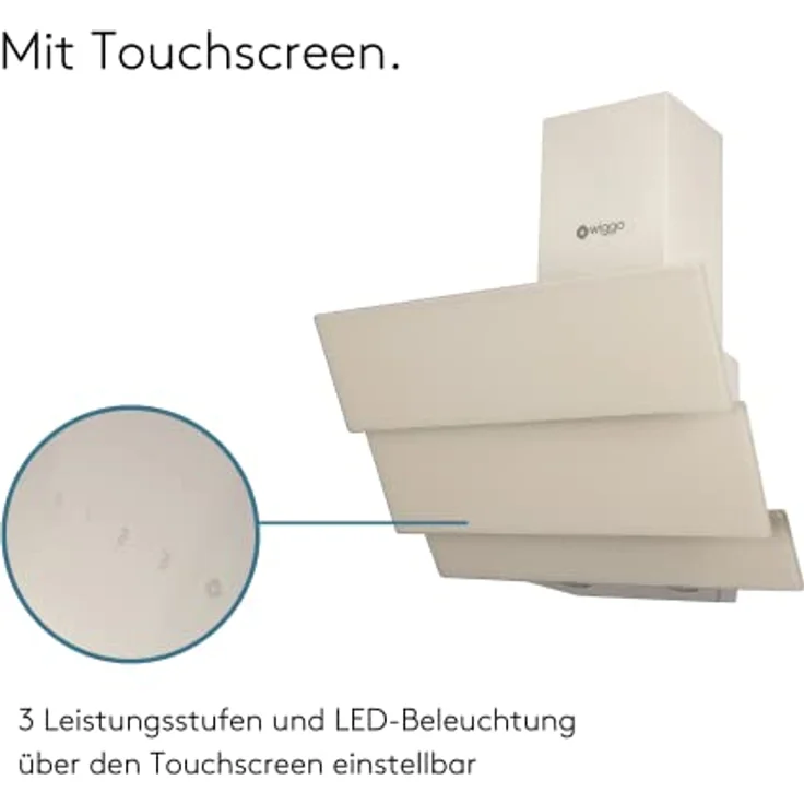 Wiggo Dunstabzugshaube 50cm kopffrei I Abluft Umluft Dunstabzug 300m³/h - LED Touch-Display 3 Stufen I Schräghaube inkl. Fettfilter & 2x Kohlefilter I Abzugshaube mit 3 teiliger Glasfront creme – Bild 4