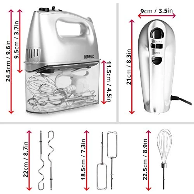 Duronic HM4 SR elektrischer Handrührer | 400 Watt Handmixer | Mixer und Handrührgerät mit Aufbewahrungsbox | Rührgerät inkl. Knethaken, Rührbesen und Schneebesen | 5 Stufen und Turbofunktion – Bild 3