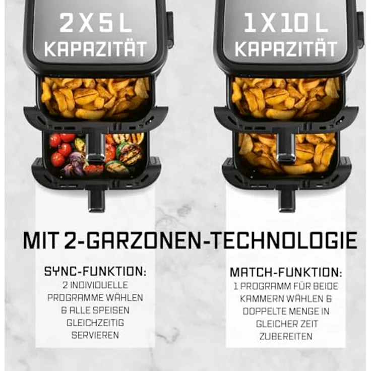 GOURMETmaxx FryUp Vertikale Doppelkammer Heißluftfritteuse XXL, 10 L, mit Sichtfenstern, Klapp-Touchdisplay und 12 Programmen für knusprige Zubereitung – Bild 3