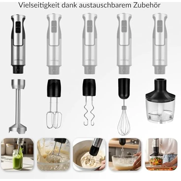 LEHMANN Stabmixer Set 1200 Watt, Multifunktions Pürierstab 5-in-1 mit 8-stufiger Geschwindigkeitsregelung und Turbo-Funktion, inkl. 860 ml Messbecher, BPA-frei, goldene Klinge – Bild 5