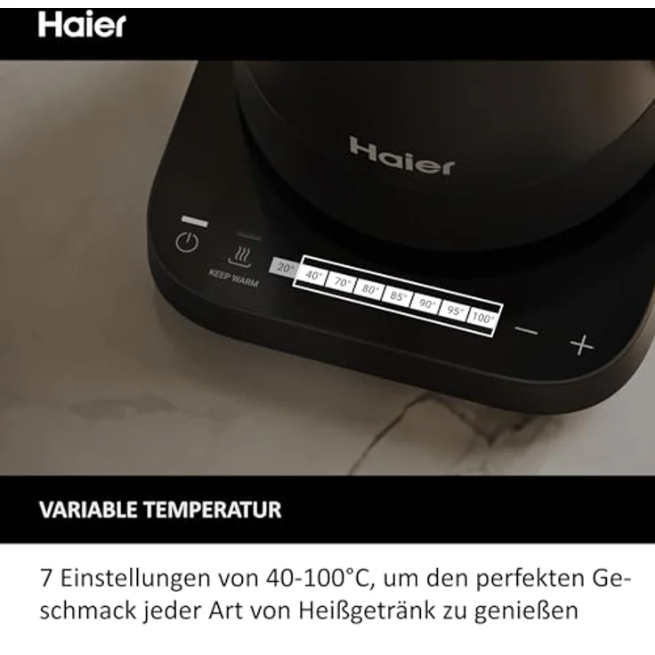 Haier Wasserkocher mit Temperatureinstellung aus Edelstahl 1,7 Liter I Energiesparender Kettle mit 7 Temperaturstufen, Warmhaltefunktion & 0,25L Einzeltassenfunktion I 2200W [Serie 5 - HKE5A] – Bild 3