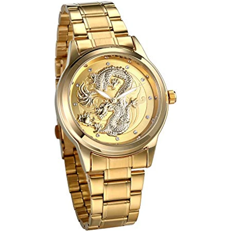 JewelryWe Armbanduhr für Damen und Herren, Edelstahl Gold, 3D Drache Zifferblatt, Leuchtzeiger, Diamantskala, wasserdicht – Bild 1