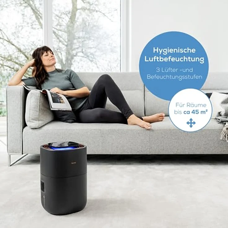 Beurer LB 300 Plus Luftbefeuchter mit energieeffizienter Kaltverdunstungstechnologie, farbiger Luftfeuchtigkeitsindikator, hygienische Filtertrocknungsfunktion, für Räume bis ca. 45m² – Bild 3