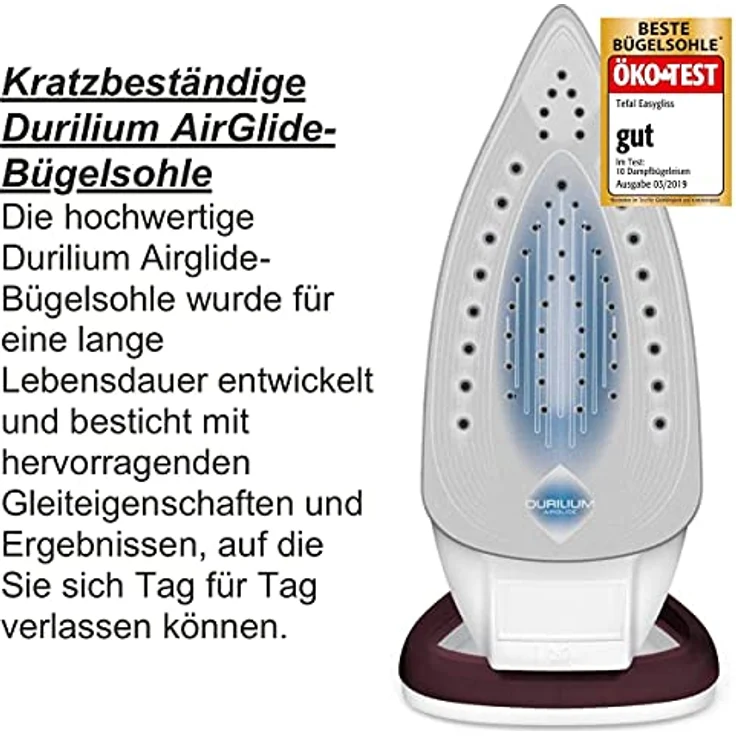 Tefal Easygliss Plus Bügeleisen Dampfbügeleisen mit starken 190g Dampfstoß, Testsieger 2019 - beste Bügelsohle, Durilium AirGlide Sohle mit drei Dampfzonen, 2400 W, Selbstreinigungsfunktion, Antikalk – Bild 2