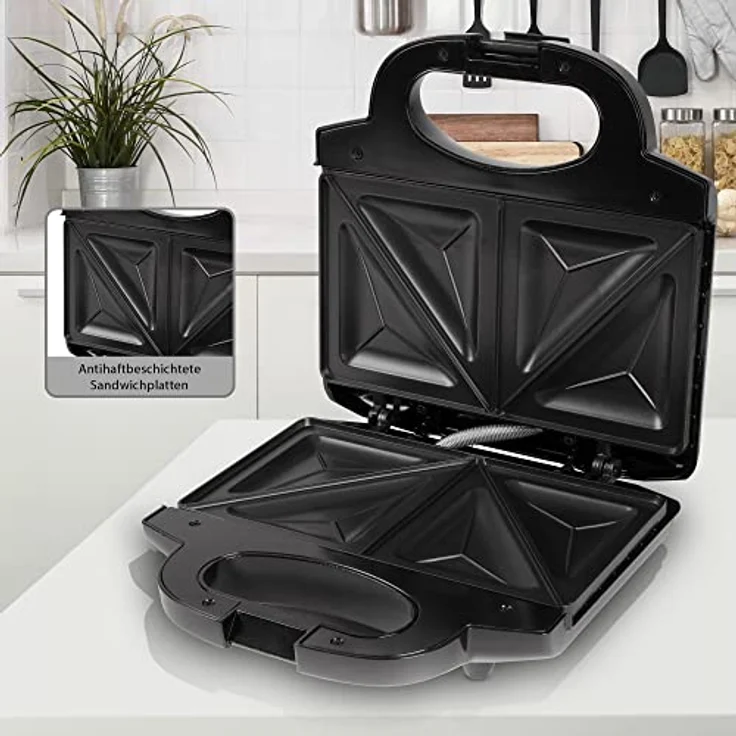 Clatronic ST 3778 Sandwichmaker, elektrischer Sandwichtoaster, Sandwich-Maker mit dreieckigen Sandwichplatten antihaftbeschichtet, automatischer Temperaturregler, 750 Watt Schwarz/Edelstahl – Bild 3