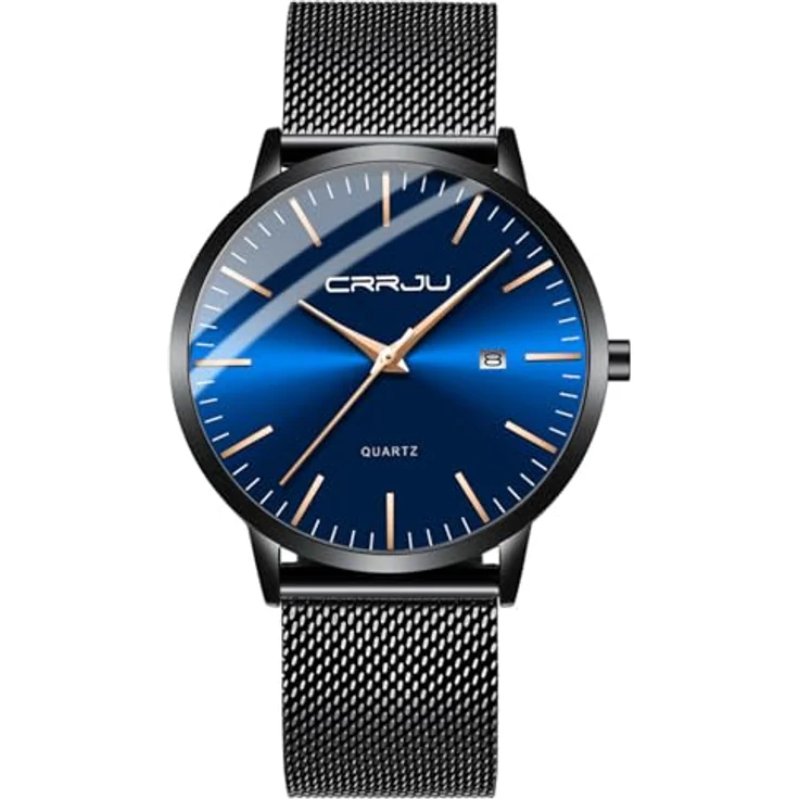 CRRJU Herren Uhr Ultra Dünne wasserdichte Armbanduhr mit schwarzem Edelstahl-Mesh-Armband und analogen Quarzwerk, Blau – Bild 1
