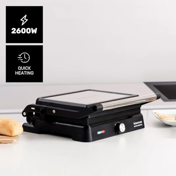 Taurus - Kontaktgrill Essential 2600W | 2-in-1 Grill & Plancha | Platten 29x23 cm | PFOA-frei | Fettauffangschale | Einstellbarer Thermostat | Cool-Touch & Plattenverriegelung – Bild 2