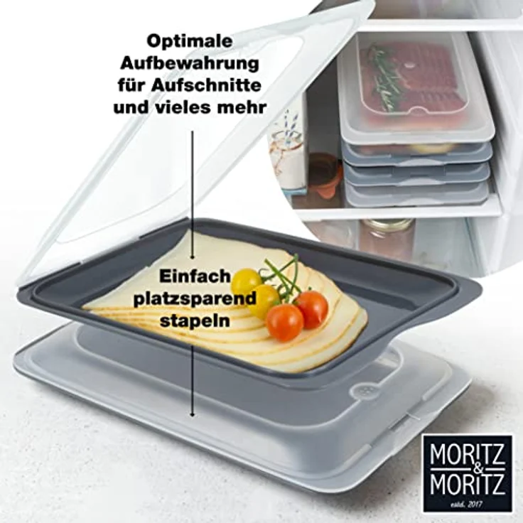 Moritz & Moritz 4er Set Aufschnittbox stapelbar – Frischhaltedosen mit Deckel zur Aufbewahrung von Wurst, Käse, uvm. – inkl. Tafelsticker zum Beschriften - Grautöne - Preisvergleich – Bild 4