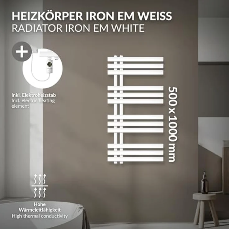 LuxeBath Elektrischer Badheizkörper Iron EM 500x1000mm Weiß, 600W Heizstab mit Thermostat und Digitalanzeige, Handtuchheizkörper und Designheizkörper – Bild 3