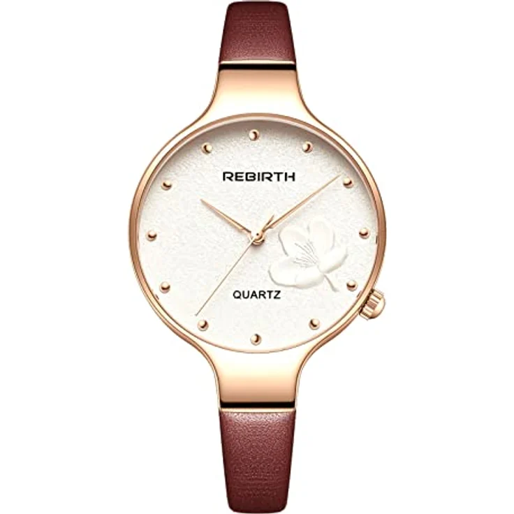 JewelryWe Damen Analog Quarz Uhr, 30m wasserdicht mit braunem Echtlederarmband und Blumenmotiv – Bild 1