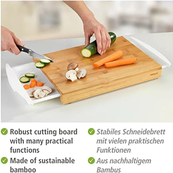 WENKO 53035100 Schneidebrett Bina, Küchenbrett, Schneidebrett mit 2 ausziehbaren Auffangschalen-Tabletts, Bambus, 40.5 x 4 x 25 cm, Braun – Bild 4