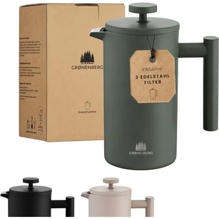 GRØNENBERG French Press Kanne 0,6 oder 1 Liter, Edelstahl Kaffeebereiter mit Thermo Effekt, inkl. 3 Ersatz-Filter – Bild 1