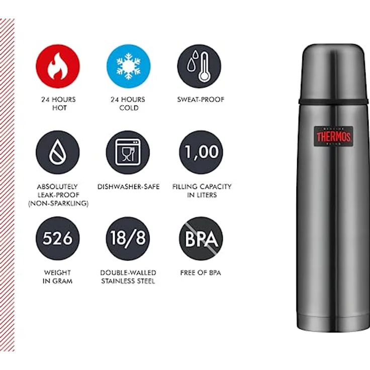 THERMOS 4019.218.100 Thermosflasche Light & Compact, Edelstahl Cool Grey 1,0 l, Spülmaschinenfest, 24 Stunen heiß, 24 Stunden kalt – Bild 5