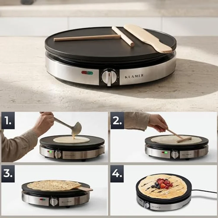 KLAMER Crêpesmaker 30 cm, 1400 W, Antihaftbeschichtung, stufenlose Temperatureinstellung, inkl. Teigverteiler und Wender – Bild 5