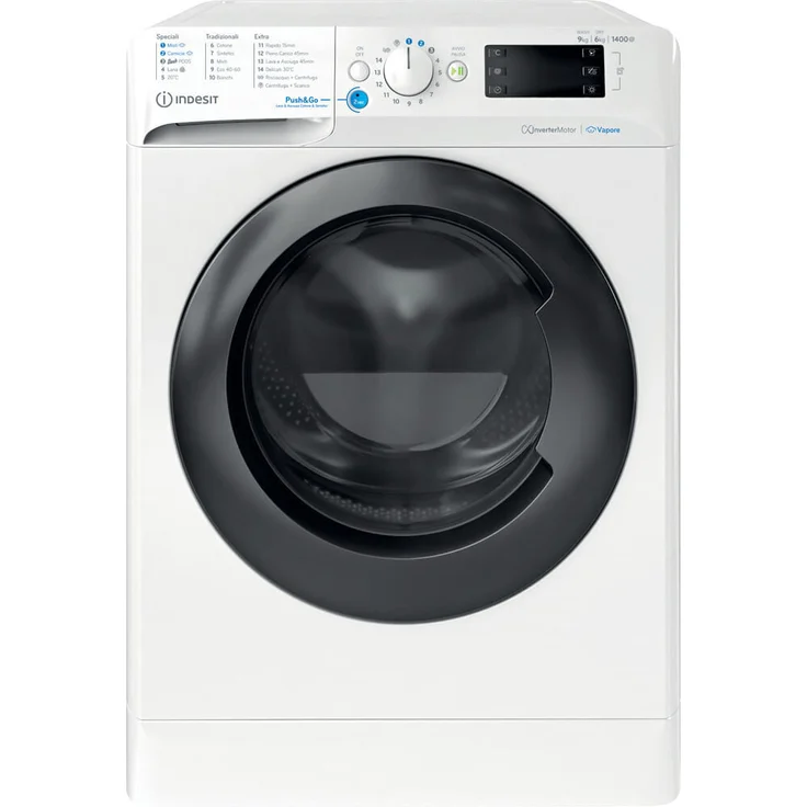 Indesit BDE 96436 WKV IT, Waschtrockner freistehend in Weiß, 9 kg Wasch- und 6 kg Trockenkapazität, Energieeffizienzklasse A, 1351 U/min Schleuderdrehzahl, mit Warmwasseranschluss und Aquastop-Funktion