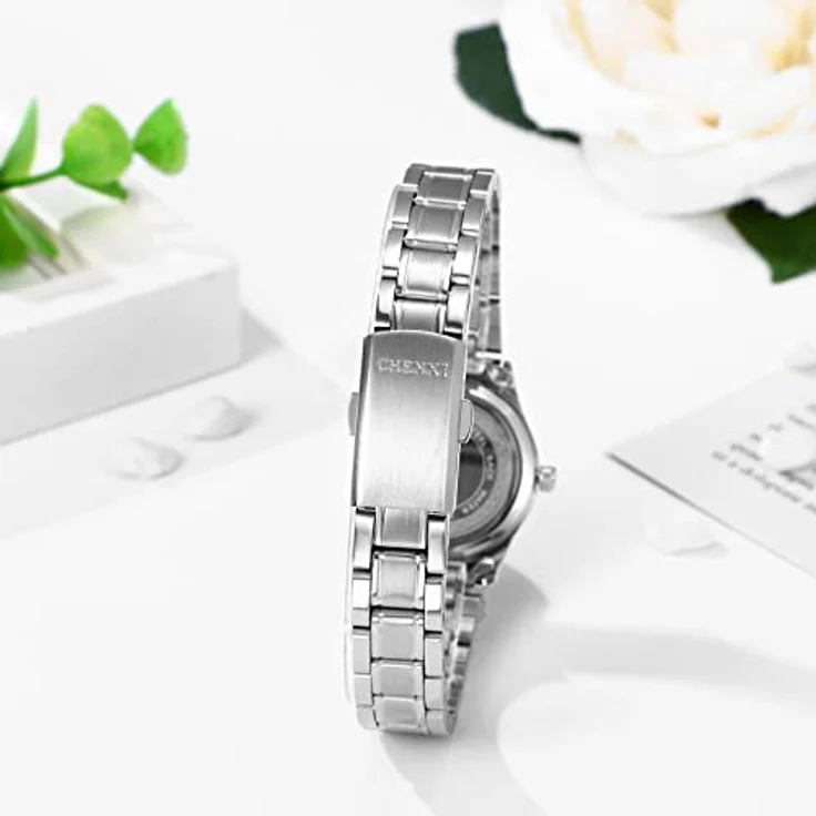 JewelryWe Damen Armbanduhr Analog Quarz, 30M wasserdicht, Edelstahl mit römischen Ziffern und leuchtenden Zeigern, Schwarz – Bild 3