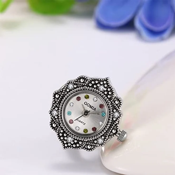 JewelryWe Ringuhr Fingeruhr Damen Analog Quarz Retro Edelstahl Schwarz mit Bunt Strass und Verstellbarem Ring – Bild 4