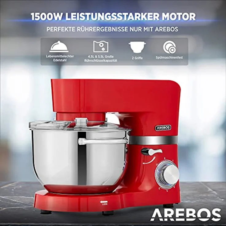 Arebos Küchenmaschine 1500W Rot | Knetmaschine mit 2x Edelstahl-Rührschüsseln 4,5 & 5,5L | Geräuscharm | Küchenmixer mit Rührhaken, Knethaken, Schlagbesen und Spritzschutz | 6 Geschwindigkeiten – Bild 3