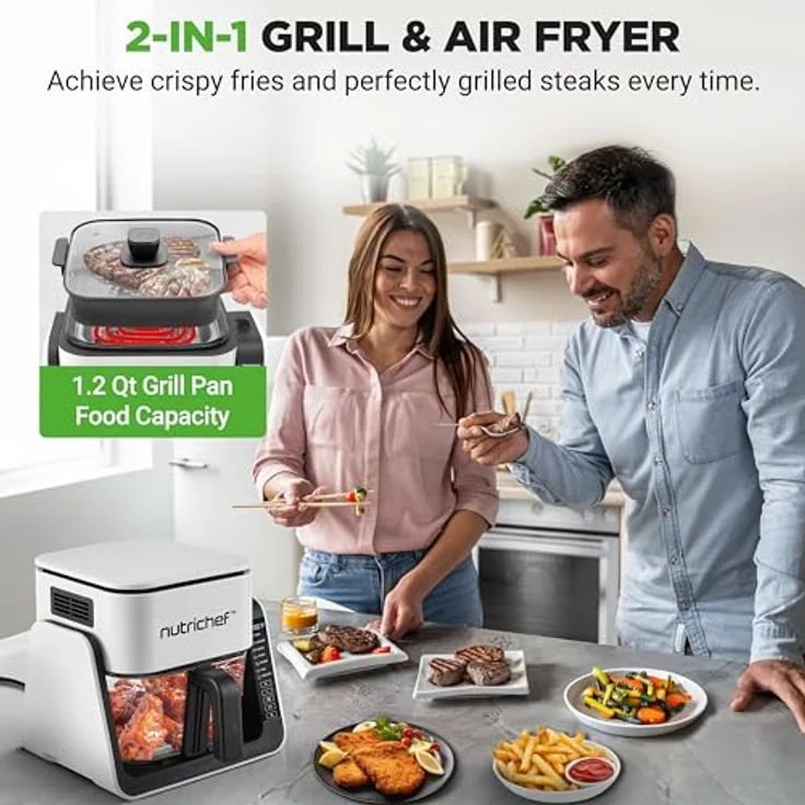 NutriChef 4L Airfryer & Elektrogrill, 7-in-1 Glas Heißluftfritteuse mit 1.2L Grillplatte, Frittieren, Grillen, Backen ohne Öl, für 4-6 Personen, 1500-1700W, transparentes Design – Bild 6