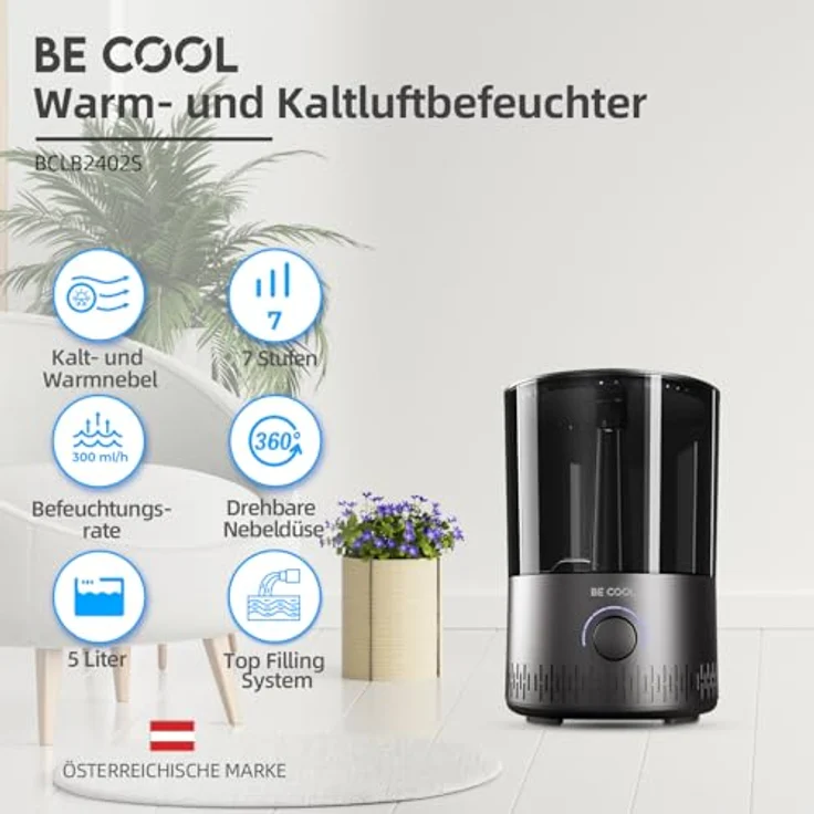 Be Cool Luftbefeuchter 2-in-1, Warm-/Kaltluft mit 7 einstellbaren Stufen, 360° Drehung, 12 Stunden Laufzeit, 5L Tank, Schwarz – Bild 2