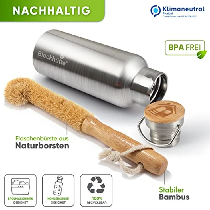 Blockhütte Premium Edelstahl Trinkflasche isoliert I 500ml mit Flaschenbürste I BPA Frei, Kinder und Schule, spülmaschinenfest, auslaufsicher – Bild 2