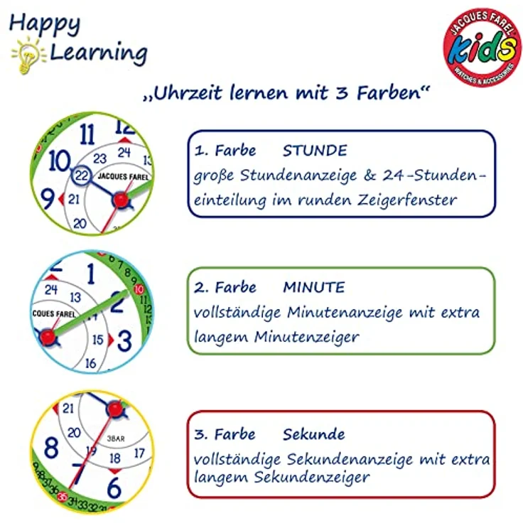 Atrium Jacques FAREL Happy Learning Kinder-Armbanduhr Lernuhr Jungen Analog Quarz Metall Textilband Schwarz KOP 08 – Bild 2