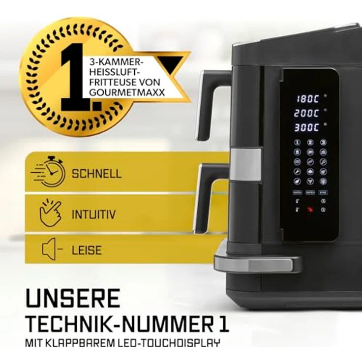 GOURMETmaxx Heißluft-Fritteuse FryUp3, 2800W, schwarz, vertikal, Doppelkorb 4l + 6l, Pizzafach, 12 Programme, 13,4l Volumen – Bild 2