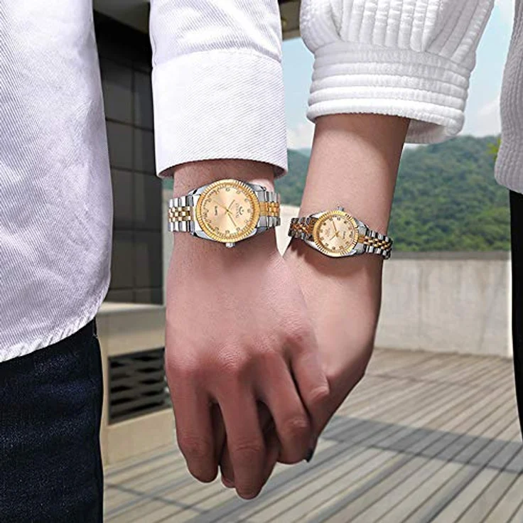 JewelryWe 2pcs Paar Uhr Analog Quarz mit Gold Strass Zifferblatt, 30M wasserdicht, Edelstahlarmband für Herren und Damen – Bild 2