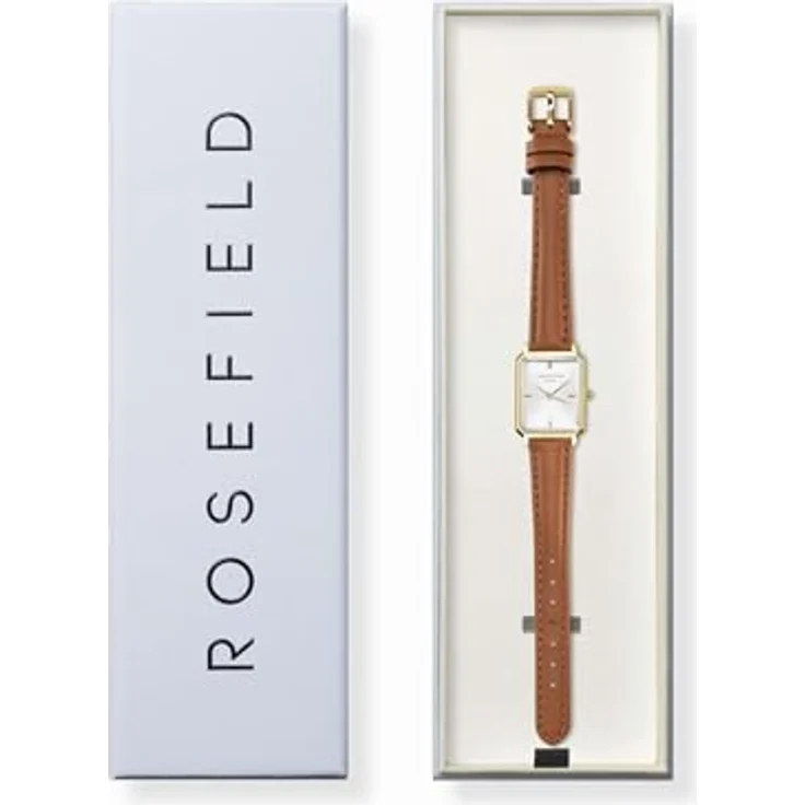 Rosefield Quarz Damenuhr Octagon XS, Lederarmband Braun, goldfarbenes Gehäuse, Mineralglas, silbernes Zifferblatt – Bild 5