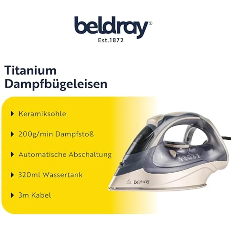 Beldray Titanium Powerlite Dampfbügeleisen, Keramiksohle, 320ml Wassertank, 200g/min Dampfstoß, automatische Abschaltung, 3m Kabel, variable Temperaturregelung – Bild 2