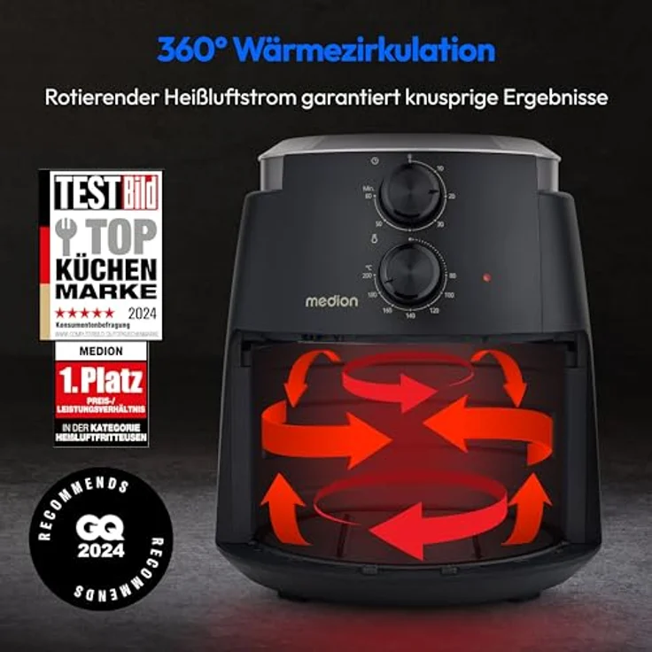 MEDION P30 L Heißluftfritteuse (4,7 Liter, 1500 Watt, einfache Bedienung, ölfreies Frittieren, 60 Min Timer, bis zu 200° C, Antihaft-Beschichtung, MD13020) schwarz – Bild 3