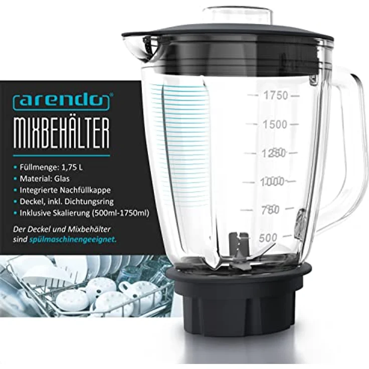 Arendo Standmixer Glas und Smoothie Mixer - Hochleistungsmixer 24.000 U min - 1,75 lL Glasbehälter - 6-flügeliges kugelgelagertes Edelstahlmesser - 30 Leistungsstufen - Impulsfunktion - Edelstahl – Bild 4