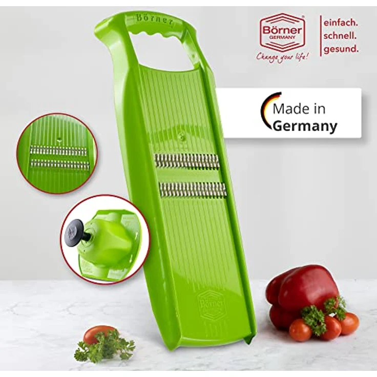 Börner Roko PowerLine Gemüseschneider Set (2-tlg.) • Feiner Streifenschneider für Obst & Gemüse + Fruchthalter • Julienne Schneider • Gemüsehobel • Küchenhobel Set (Grün) – Bild 2