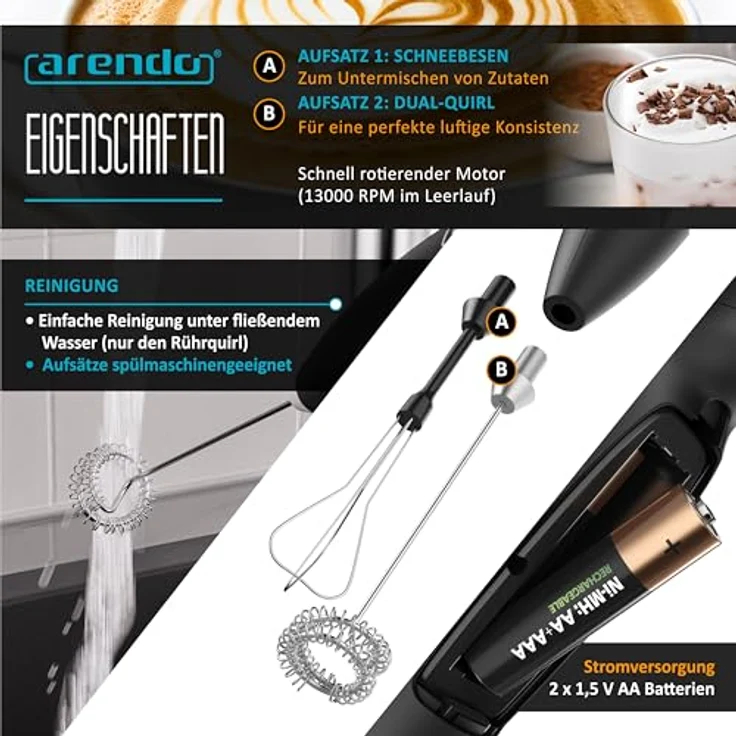 Arendo - Stab Milchaufschäumer elektrisch - MINI MILKSPACE - Motor mit 13.000 U/min - Dual-Quirl und Schneebesen - Batteriebetrieben - Cappuccino Shakes Cocktails - Soft-Touch-Oberfläche - inkl. Ständer – Bild 3