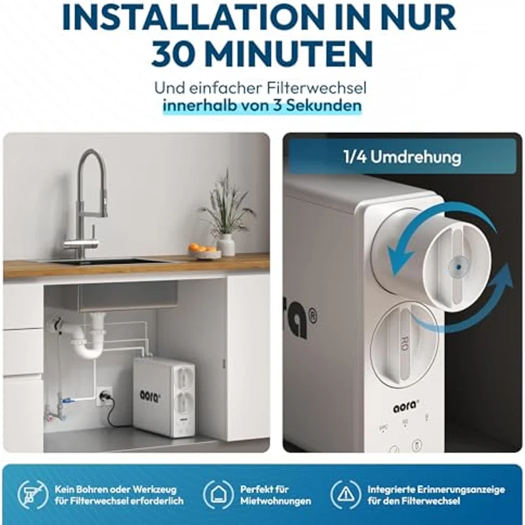 Neues Wasser AORA GT600 Umkehrosmoseanlage, 8-Stufen-Filtration, tanklos, Edelstahl SOFIA 1-Wege-Armatur, 1,57 l/min Durchfluss – Bild 5