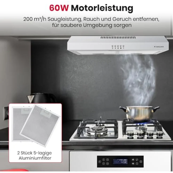 GASLAND SR60SP, Dunstabzugshaube 60cm mit 3 Leistungsstufen, Silber, LED-Beleuchtung, abnehmbarer Filter, 200m³/h Abluft/Umluft, Pyramidenform – Bild 3