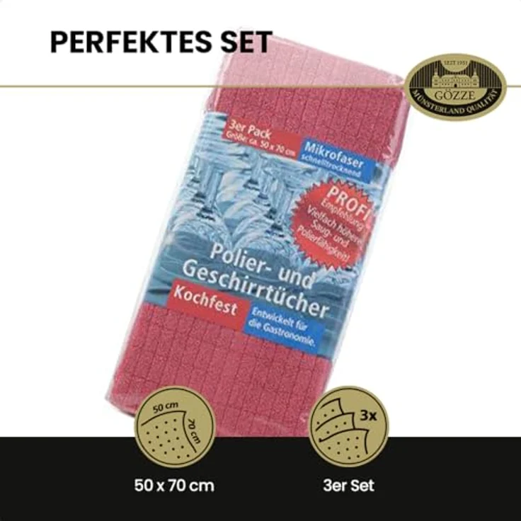 Gözze - Geschirrtuch-Set, 3-teilig, Mikrofaser-Poliertuch, 50 x 70 cm - Bordeaux, hohe Feuchtigkeitsaufnahme und streifenfreies Polieren – Bild 5