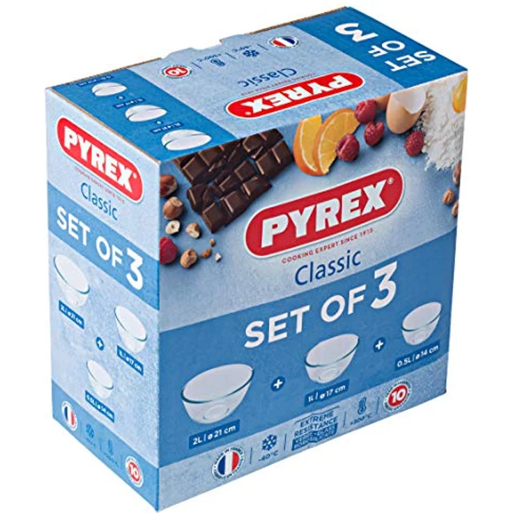Pyrex Bowl Set, 3-teilig, Glas Rührschüsseln, 0.5L/1.0L/2.0L, hitzebeständig bis 300°C, kratzfest und schmutzabweisend – Bild 4
