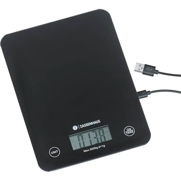 Zassenhaus Küchenwaage Digital BALANCE, USB Aufladefunktion, 5kg/1g, Zuwiegefunktion, besonders flach, Sensor-Touch-Bedienfeld