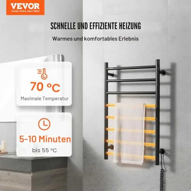 VEVOR Handtuchtrockner Heizkörper Handtuchwärmer, 8 Stangen, wasserdicht mit Timer und LED-Anzeige, 5 Temperaturstufen, Wandmontage, Schwarz – Bild 2