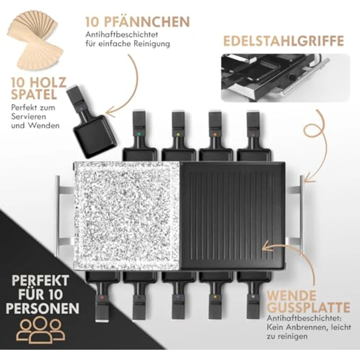 ProfiCook PC-RG 1144 Raclette-Tischgrill mit Naturgrillstein und Wendegussplatte, 10 Pfännchen, 10 Holzspatel, 1700 W – Bild 5