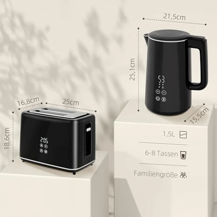 HOMCOM Toaster und Wasserkocher Set, 1,5L Wasserkocher mit 2200W und 7 Temperatureinstellungen, Toaster für 2 Scheiben mit 7 Bräunungsstufen, Schwarz/Silber – Bild 3