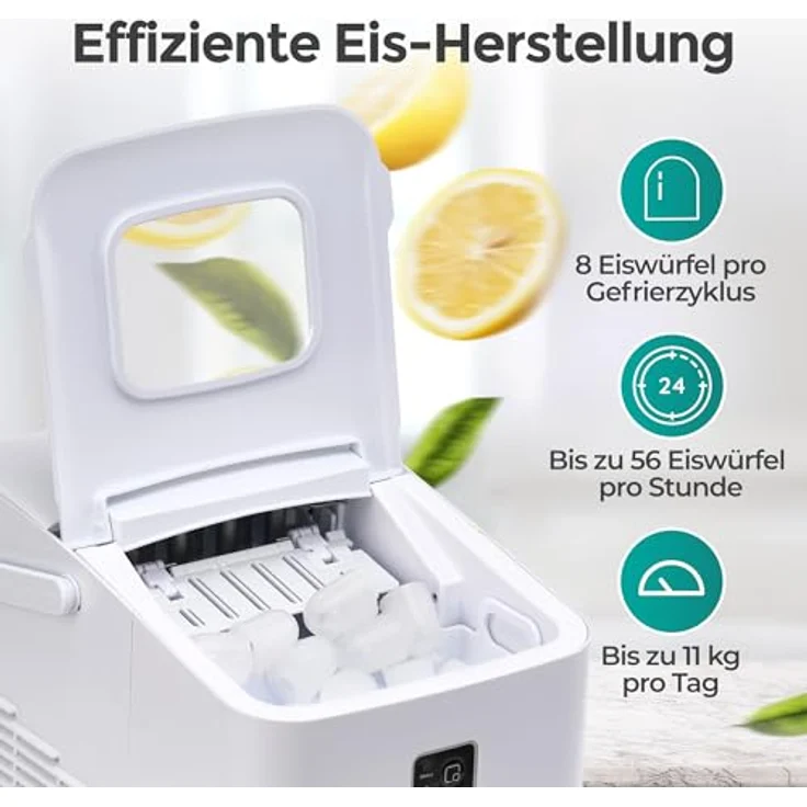 KLAMER Eiswürfelmaschine klein (2025), 8 Eiswürfel in 8 Minuten, 11 kg Eis pro Tag, 2 Größen, 1 L Wassertank, geräuscharm mit Eisschaufel und Tragegriff – Bild 4