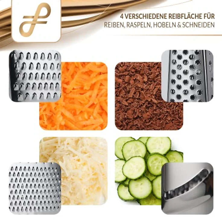 Faligee Reibe Edelstahl Profi Küchenreibe - Vierkantreibe für Gemüse & Käse - inkl. Fruchthalter & Auf­fang­be­häl­ter – Bild 3