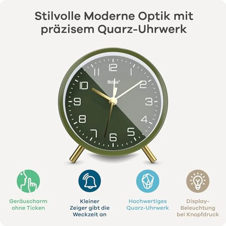 Mebus geräuschloser Wecker 56972, mit Snooze-Funktion und beleuchtetem Zifferblatt, in Grün für ruhige Nächte – Bild 2