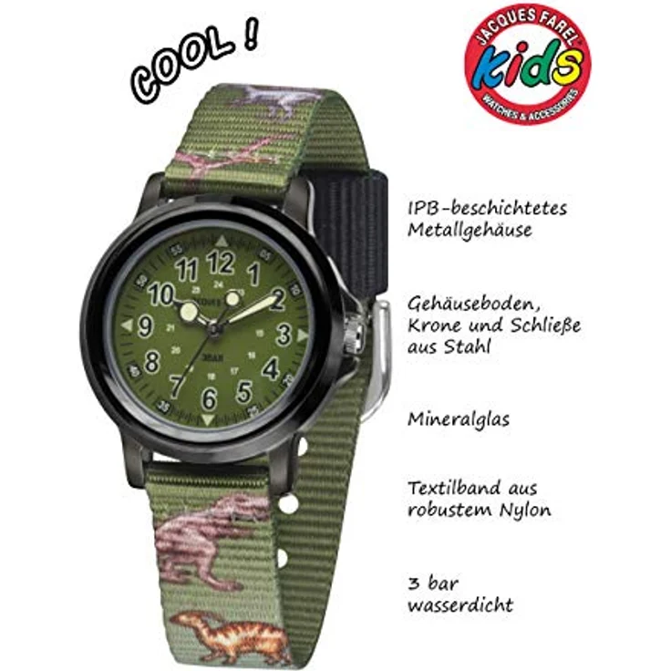 JACQUES FAREL Jungenuhr Jugend Armbanduhr Quarz Stoffband Grün Oliv Dino KSB 989 – Bild 3